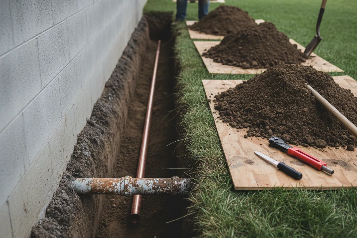 Excavated water line trench during Water Softener Installation in Chesterhill